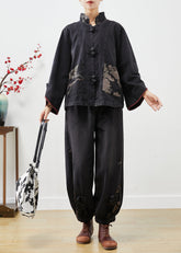 Schwarzer Patchwork-Jeans-Zweiteiler mit chinesischem Knopfdruck